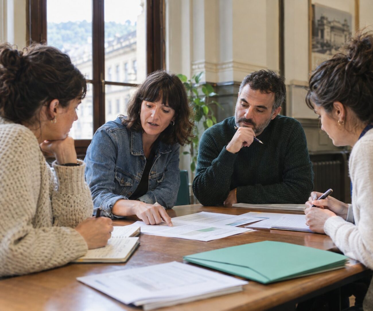 Reunión de trabajo con personal técnico municipal revisando documentos de contratación pública
